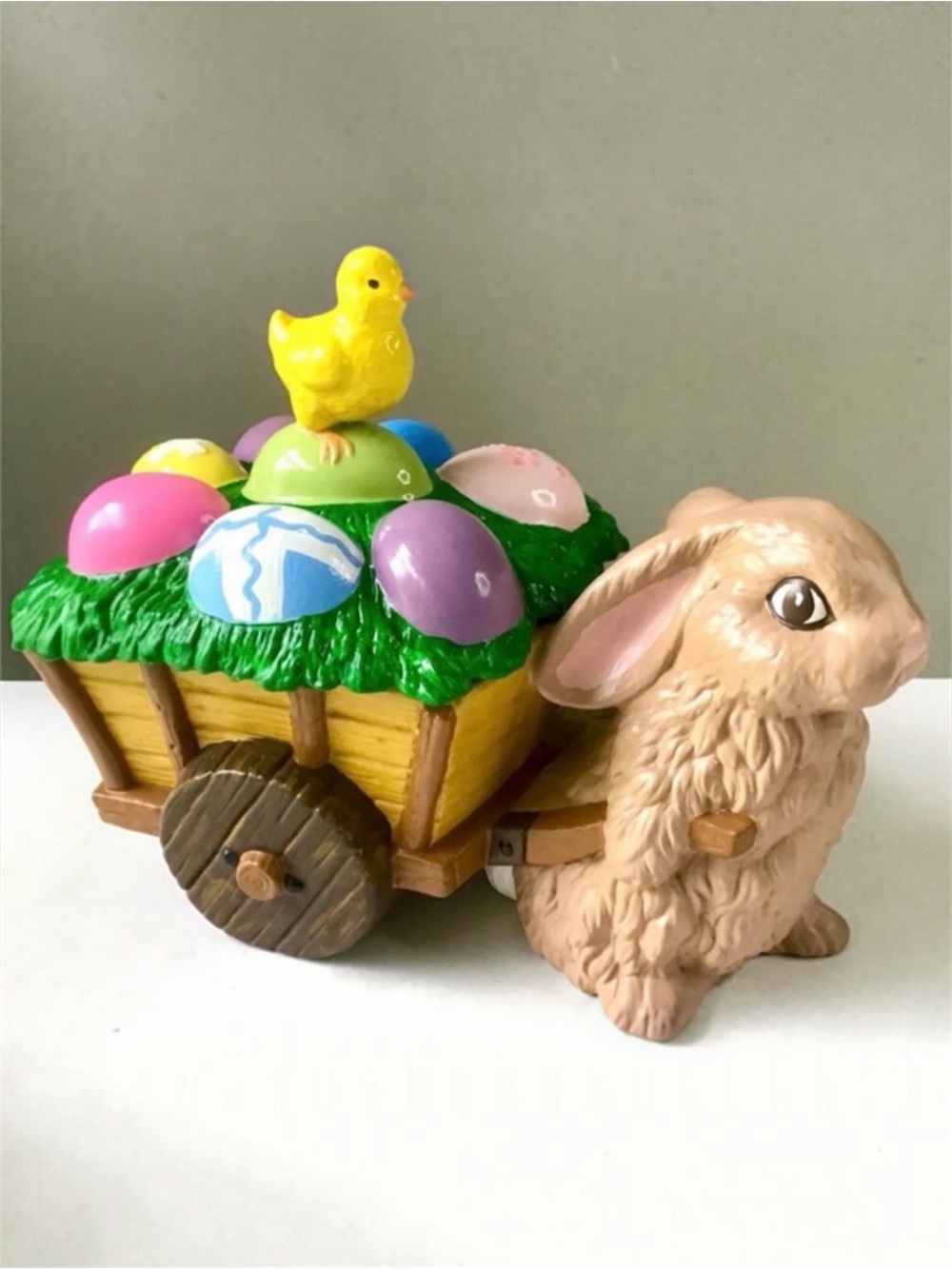 Vintage Easter Bunny Pulling Wagon Cart of Eggs Chick Large Covered Ceramic Dish